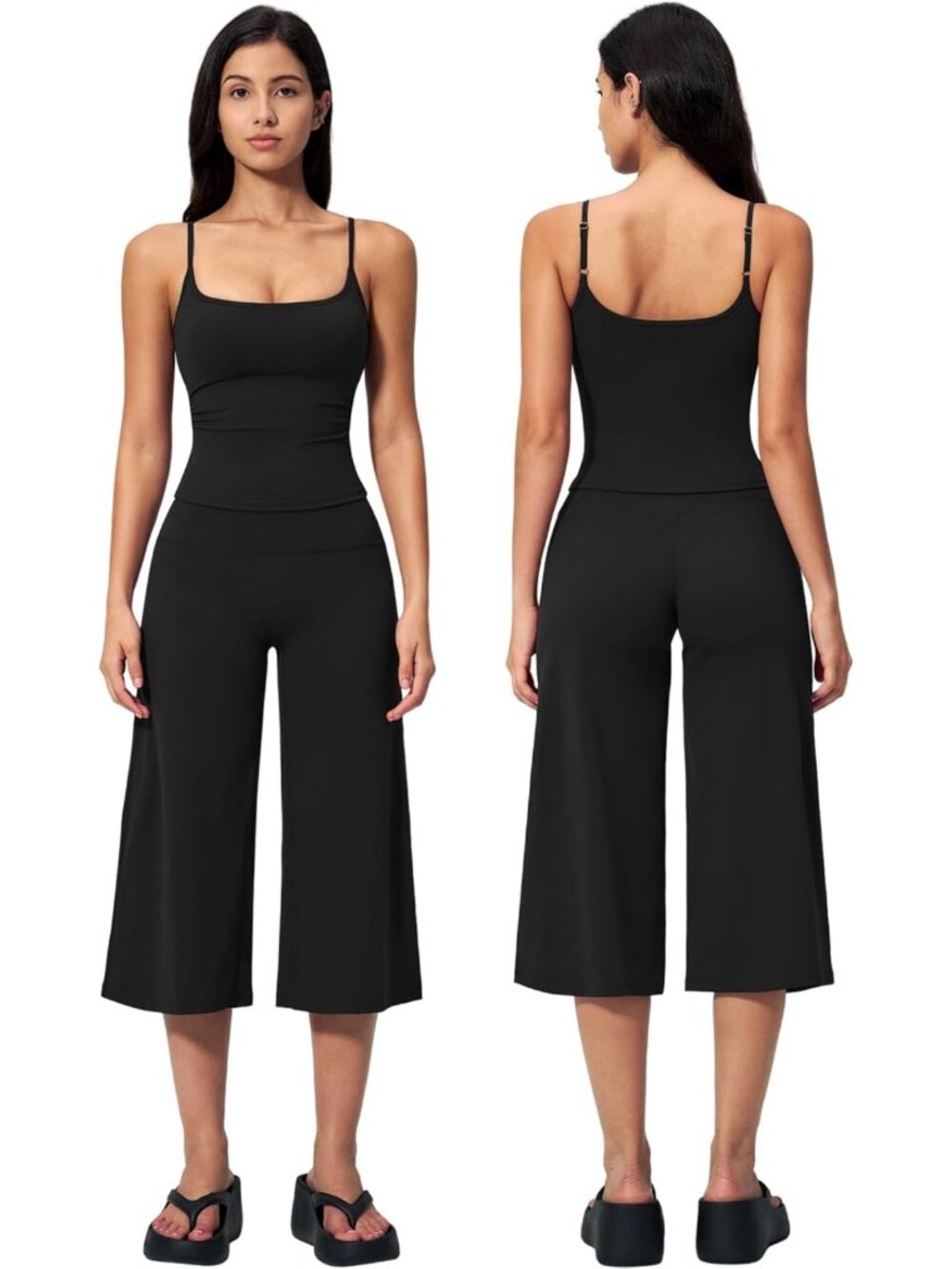 Stylish Two-Piece Women's Workout Set - Spaghetti Strap Crop Top & Wide Leg